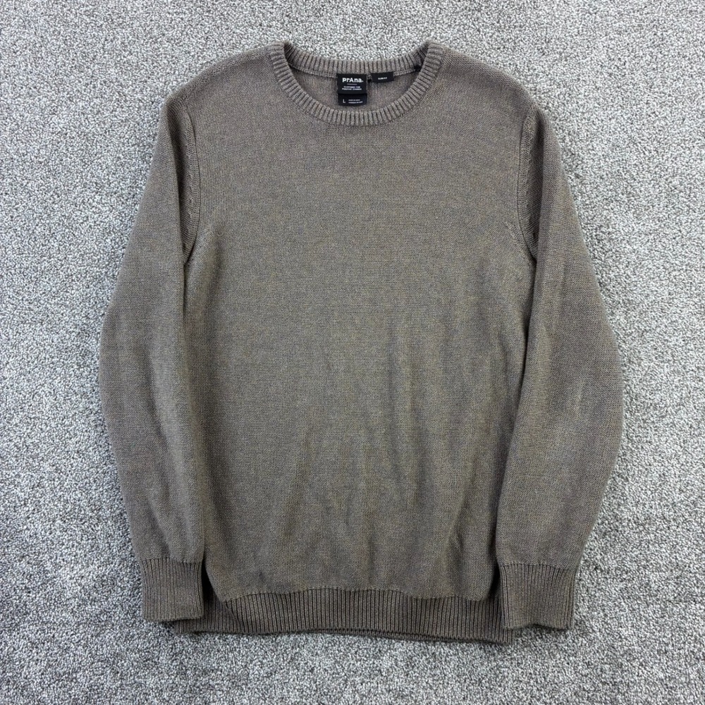 Prana‎ Sweater Mens Large Gray Brown Fleck Slim Fit Knit Crewneck Pullover